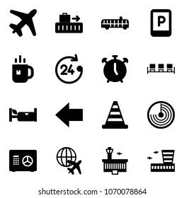 Solid vector icon set - plane vector, baggage, airport bus, parking sign, tea, 24 hours, alarm clock, waiting area, hotel, left arrow, road cone, radar, safe, globe, building