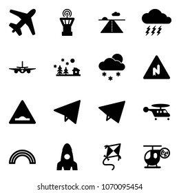 Solid vector icon set - plane vector, airport tower, runway, storm, christmas landscape, snowfall, abrupt turn right road sign, artificial unevenness, paper fly, helicopter, rainbow, rocket, kite