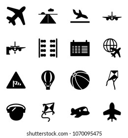 Solid vector icon set - plane vector, runway, arrival, boarding passengers, seats, schedule, globe, side wind road sign, air balloon, ball, kite, protect glass, toy