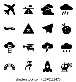 Solid vector icon set - plane vector, runway, clouds, storm, small, airport road sign, paper fly, moon flag, cloud ladder, helicopter, rain, rainbow, kite, rocket, toy