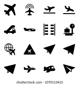 Solid vector icon set - plane vector, radar, departure, arrival, trap truck, small, seats, baggage scales, globe, airport road sign, paper, fly, toy