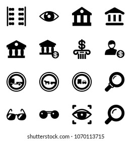 Solid vector icon set - plane seats vector, eye, bank, account, no trailer road sign, cart horse, truck overtake, magnifier, sunglasses, scanner