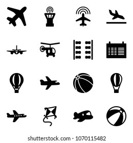 Solid vector icon set - plane vector, airport tower, radar, arrival, helicopter, seats, schedule, air balloon, ball, kite, toy, beach