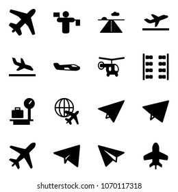 Solid vector icon set - plane vector, traffic controller, runway, departure, arrival, small, helicopter, seats, baggage scales, globe, paper, fly, toy