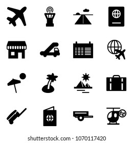 Solid vector icon set - plane vector, airport tower, runway, passport, duty free, trap truck, schedule, globe, beach, palm, pyramid, suitcase, trailer, helicopter toy