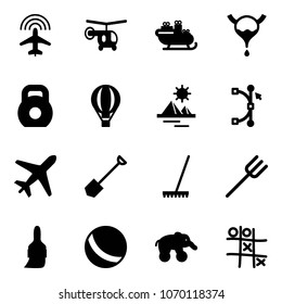 Solid vector icon set - plane radar vector, helicopter, santa sleigh, bladder, weight, air balloon, pyramid, bezier, shovel, rake, farm fork, brush, ball, elephant wheel, Tic tac toe