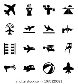 Solid vector icon set - plane vector, airport tower, traffic controller, runway, radar, departure, arrival, boarding passengers, seats, helicopter, kite, dryer, toy, beach ball