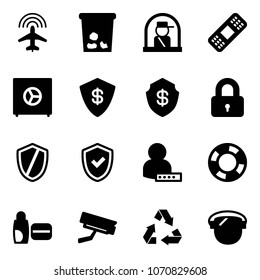 Solid vector icon set - plane radar vector, trash, officer window, medical patch, safe, locked, shield, check, user password, lifebuoy, uv cream, surveillance camera, recycling, protect glass