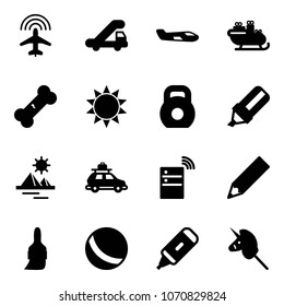 Solid vector icon set - plane radar vector, trap truck, small, santa sleigh, broken bone, sun, weight, highlight marker, pyramid, car baggage, server wireless, pencil, brush, ball, toy unicorn stick