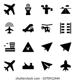 Solid vector icon set - plane vector, airport tower, traffic controller, runway, radar, trap truck, helicopter, seats, building, road sign, paper, fly, jointer, toy