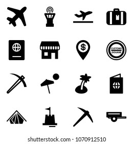 Solid vector icon set - plane vector, airport tower, departure, suitcase, passport, duty free, dollar pin, customs road sign, job, beach, palm, tent, sand castle, axe, trailer