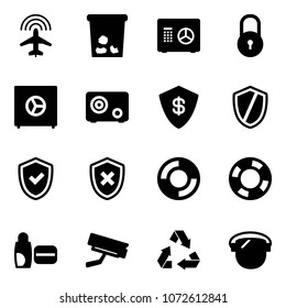 Solid vector icon set - plane radar vector, trash, safe, lock, shield, check, cross, lifebuoy, uv cream, surveillance camera, recycling, protect glass