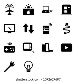 Solid vector icon set - plane radar vector, terrorism, notebook connect, atm, monitor cursor, up down arrows, server wireless, trip, joystick, monoblock pc, water power plant, playback, wood drill