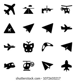 Solid vector icon set - plane vector, runway, boarding passengers, helicopter, airport road sign, paper, fly, butterfly, boomerang, toy