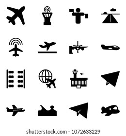Solid vector icon set - plane vector, airport tower, traffic controller, runway, radar, departure, boarding passengers, small, seats, globe, building, paper fly, jointer, toy