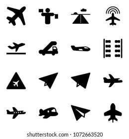 Solid vector icon set - plane vector, traffic controller, runway, radar, departure, trap truck, small, seats, airport road sign, paper, fly, toy