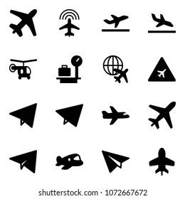 Solid vector icon set - plane vector, radar, departure, arrival, helicopter, baggage scales, globe, airport road sign, paper fly, toy