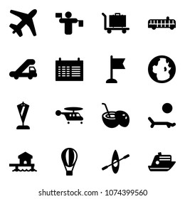 Solid vector icon set - plane vector, traffic controller, baggage, airport bus, trap truck, schedule, flag, globe, pennant, helicopter, coconut cocktail, lounger, bungalow, air balloon, kayak