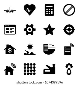 Solid vector icon set - plane vector, heart pulse, calculator, no limit road sign, website, gear, star, target, home dollar, reading, hotel, server wireless, circuit, stapler, beanbag