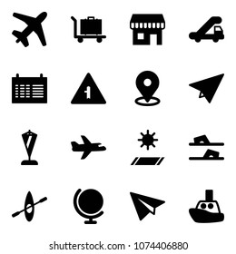 Solid vector icon set - plane vector, baggage, duty free, trap truck, schedule, intersection road sign, map pin, paper, pennant, mat, flip flops, kayak, globe, toy boat