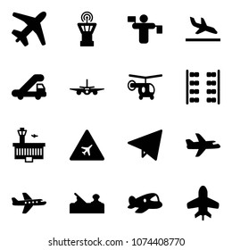 Solid vector icon set - plane vector, airport tower, traffic controller, arrival, trap truck, helicopter, seats, building, road sign, paper fly, jointer, toy