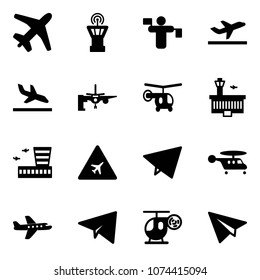 Solid vector icon set - plane vector, airport tower, traffic controller, departure, arrival, boarding passengers, helicopter, building, road sign, paper fly, toy