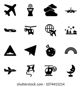 Solid vector icon set - plane vector, airport tower, clouds, small, helicopter, globe, christmas landscape, artificial unevenness road sign, paper fly, moon flag, rainbow, kite, toy, lamp