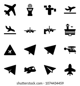 Solid vector icon set - plane vector, airport tower, traffic controller, departure, arrival, boarding passengers, building, road sign, paper fly, helicopter, toy