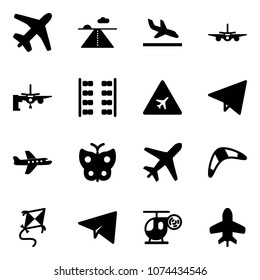 Solid vector icon set - plane vector, runway, arrival, boarding passengers, seats, airport road sign, paper fly, butterfly, boomerang, kite, helicopter toy