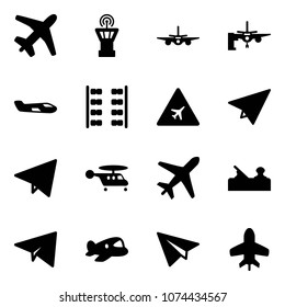 Solid vector icon set - plane vector, airport tower, boarding passengers, small, seats, road sign, paper, fly, helicopter, jointer, toy