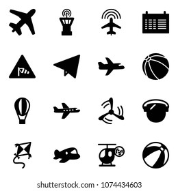 Solid vector icon set - plane vector, airport tower, radar, schedule, side wind road sign, paper fly, ball, air balloon, mill, protect glass, kite, toy, helicopter, beach