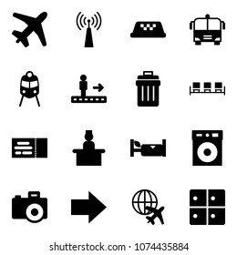 Solid vector icon set - plane vector, antenna, taxi, airport bus, train, travolator, trash bin, waiting area, ticket, recieptionist, hotel, camera, right arrow, globe, baggage room