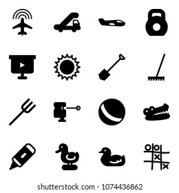 Solid vector icon set - plane radar vector, trap truck, small, weight, presentation board, sun, shovel, rake, farm fork, laser lever, ball, crocodile, marker, toy duck, Tic tac toe