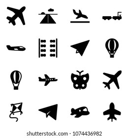 Solid vector icon set - plane vector, runway, arrival, baggage truck, small, seats, paper, air balloon, butterfly, kite, toy