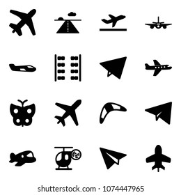 Solid vector icon set - plane vector, runway, departure, small, seats, paper fly, butterfly, boomerang, toy, helicopter