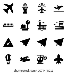 Solid vector icon set - plane vector, airport tower, radar, departure, waiting area, baggage scales, building, road sign, paper, fly, air balloon, toy, helicopter