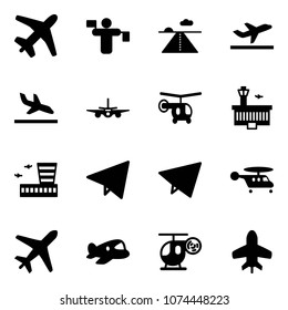 Solid vector icon set - plane vector, traffic controller, runway, departure, arrival, helicopter, airport building, paper fly, toy