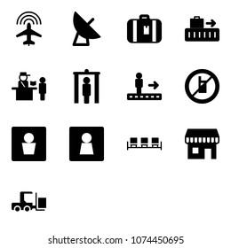 Solid vector icon set - plane radar vector, satellite antenna, suitcase, baggage, passport control, metal detector gate, travolator, no mobile sign, male wc, female, waiting area, duty free