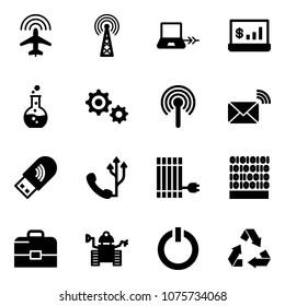 Solid vector icon set - plane radar vector, antenna, notebook connect, account statistics, round flask, gear, wireless mail, usb wi fi, phone, sun panel, binary code, case, robot, standby button