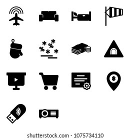Solid vector icon set - plane radar vector, vip waiting area, hotel, side wind, christmas glove, sale, cash, tunnel road sign, presentation board, cart, certificate, atm map pin, usb wi fi