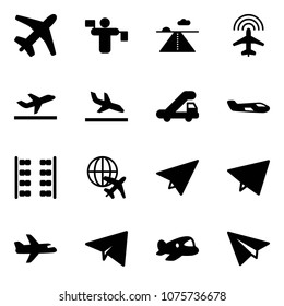 Solid vector icon set - plane vector, traffic controller, runway, radar, departure, arrival, trap truck, small, seats, globe, paper, fly, toy