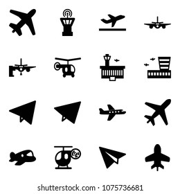 Solid vector icon set - plane vector, airport tower, departure, boarding passengers, helicopter, building, paper fly, toy