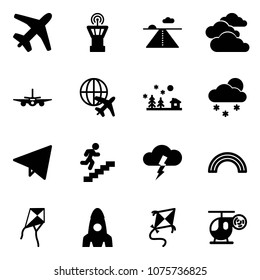 Solid vector icon set - plane vector, airport tower, runway, clouds, globe, christmas landscape, snowfall, paper fly, career, storm, rainbow, kite, rocket, helicopter toy