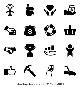 Solid vector icon set - plane radar vector, christmas glove, heart care, investment, card pay, purse, friends, basket, agreement, cup, growth, success, finger up, rock axe, kite, lawn mower
