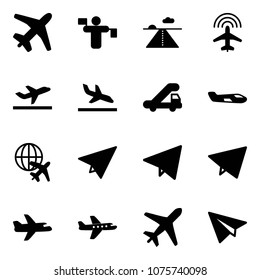 Solid vector icon set - plane vector, traffic controller, runway, radar, departure, arrival, trap truck, small, globe, paper, fly