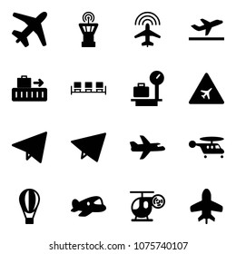 Solid vector icon set - plane vector, airport tower, radar, departure, baggage, waiting area, scales, road sign, paper fly, helicopter, air balloon, toy