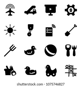 Solid vector icon set - plane radar vector, trap truck, presentation board, money managemet, sun, piston, server wireless, shovel, farm fork, duck toy, ball, bucket, Tic tac toe