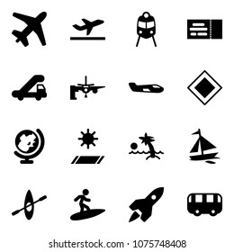 Solid vector icon set - plane vector, departure, train, ticket, trap truck, boarding passengers, small, main road sign, globe, mat, palm, sail boat, kayak, surfing, rocket, toy bus