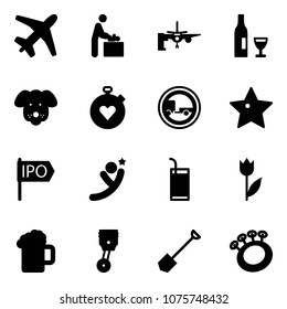 Solid vector icon set - plane vector, baby room, boarding passengers, wine, dog, stopwatch heart, no trailer road sign, star, ipo, flying man, drink, tulip, beer, piston, shovel, beanbag