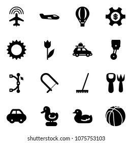 Solid vector icon set - plane radar vector, small, air balloon, money managemet, sun, tulip, car baggage, piston, bezier, fretsaw, rake, shovel fork toy, duck, basketball